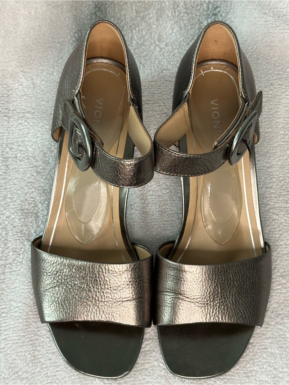 Vionic Metallic Pewter Buckle Ankle-Strap Sandals